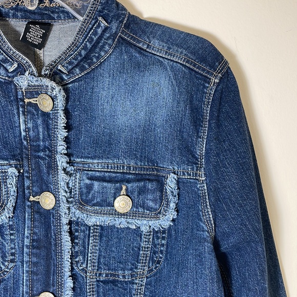 😎Y2K KIKIT JEANS Blue Jeans Jacket Pockets Fitted Raw Edge Frayed Moto Size XL - Picture 5 of 13